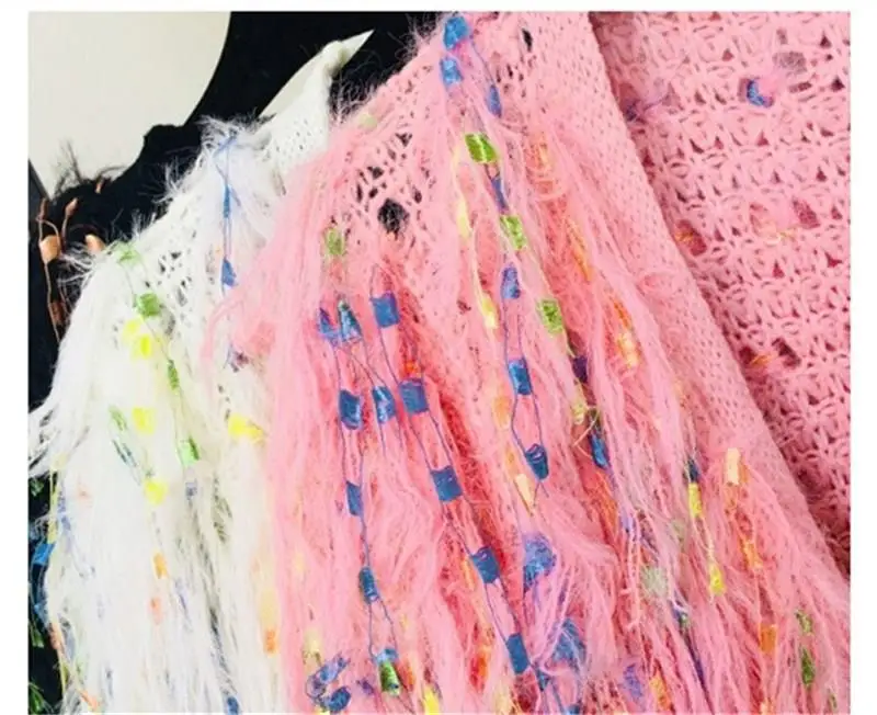 Women Autumn Sequins Tassels Sweater Coat Crocheted V-Neck Fluffy Outwear Color Fringed Velvet Long Knitted Jacket