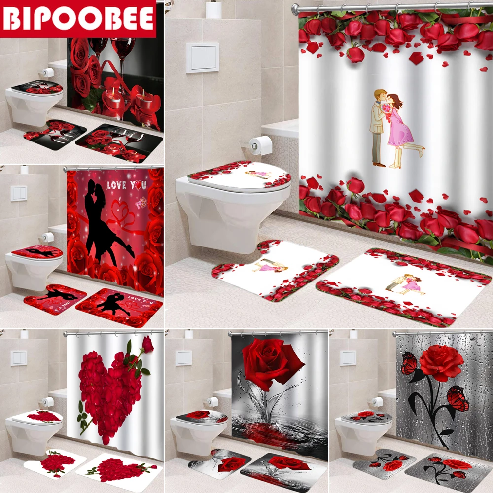 Занавеска для душа с 3D рисунком красной розы влюбленных Противоскользящий
