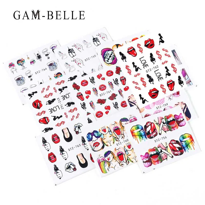 

Гам-BELLE 9 листов/комплект Nail Art Наклейки Красочные Сексуальная девушка свитер с рисунком в виде губ, переводятся с помощью воды, нейл-арта укр...