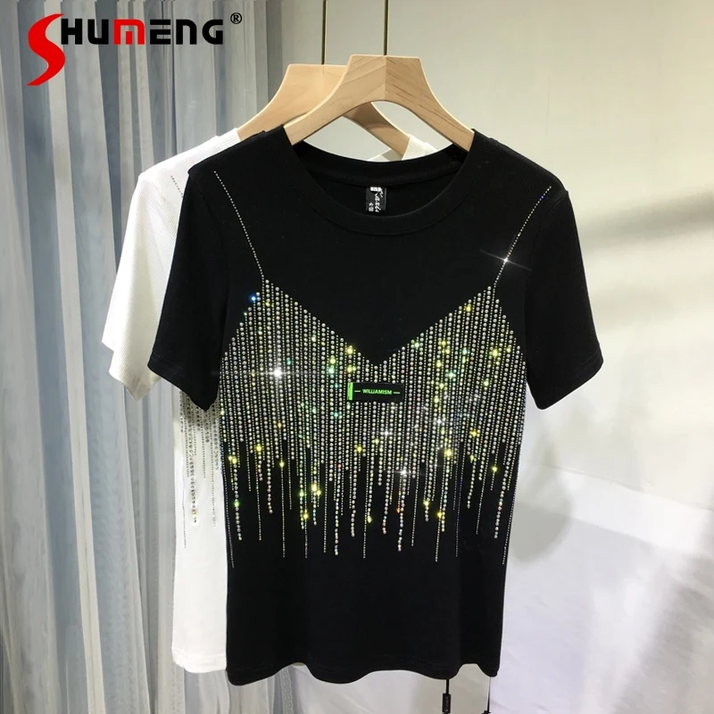 

New Summer Hot Drilling Round Collar Elastic Women Short Sleeve T-shirt Plus Size Soft Pullover Top Casual Tee Tops Female