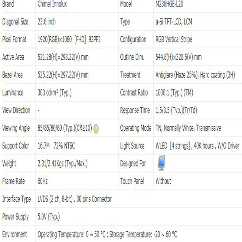 M236HGE-L20 M236HGE L20 23.6 Inch 1920*1080 TN LVDS 30PIN 72% NTSC 300 cd/m² 60HZ Contrast Ratio 1000:1 LCD Display Screen Panel images - 6