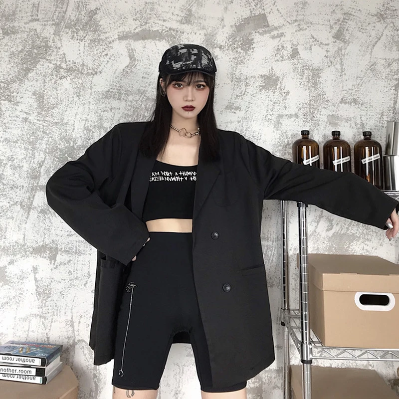 Корейский черный костюм блейзеры верхняя одежда с длинным рукавом женский