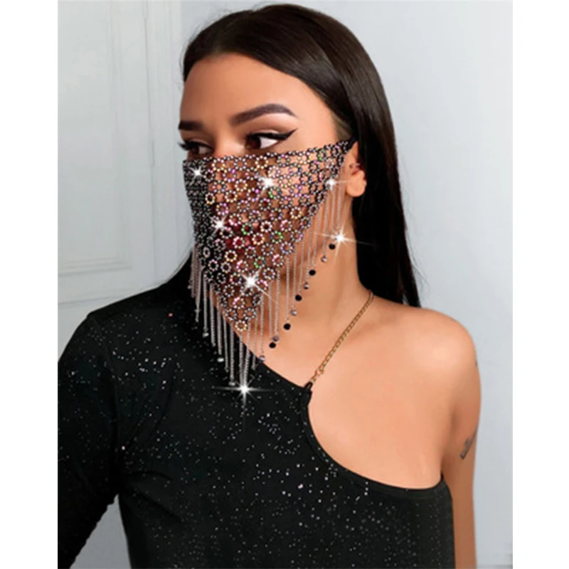 

2021 New Fashion Crystal Masquerade Mask Women Party Jewelry Fishing Net Metal Rhinestone Tassle Shining Face Mask