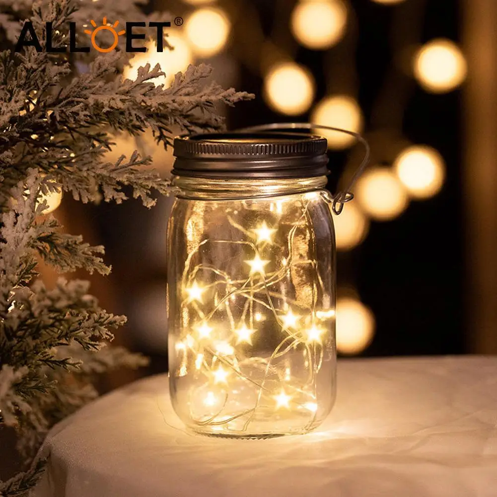 

LED Solar Mason Jar Lights Glass Bottle Lid Star Fairy String Hanging Lamp Decor Star Christmas Garland Fairy Lights