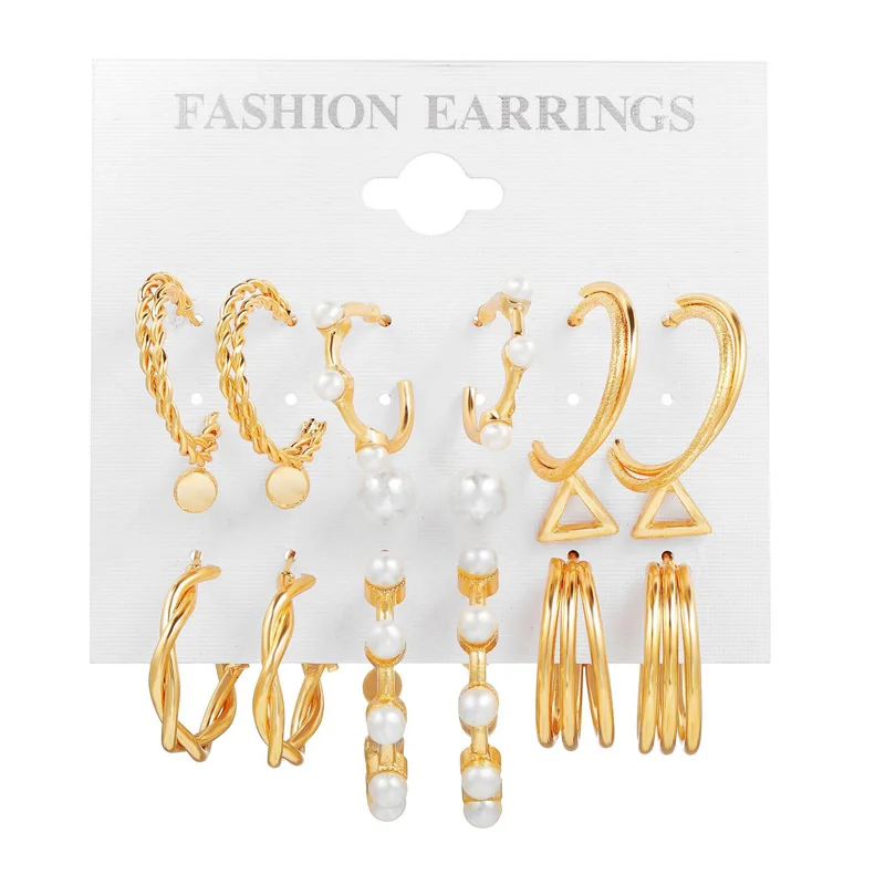 

2021 Vintage Metal Twisted Circle Hoop Earring Set Fashion Women's Geometric Pearl Circle Pendant Earrings Jewelry Party Gift