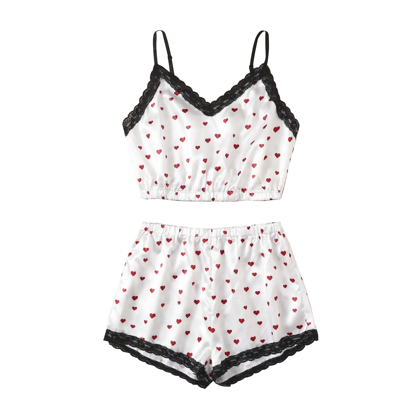 

Love Print Women's Pajamas Set V-Neck Stretch Satin Babydoll Lace Sexy Lingerie Sleepwear Pajamas Home Wear Nightwear Clothing