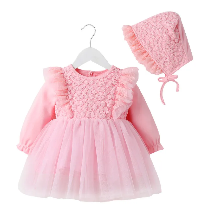

Newborn Baby Girl Dresses Clothes Set Autumn Winter Dress with Long Sleeves Dress Party Birthday Dress Cute Hat Outfits