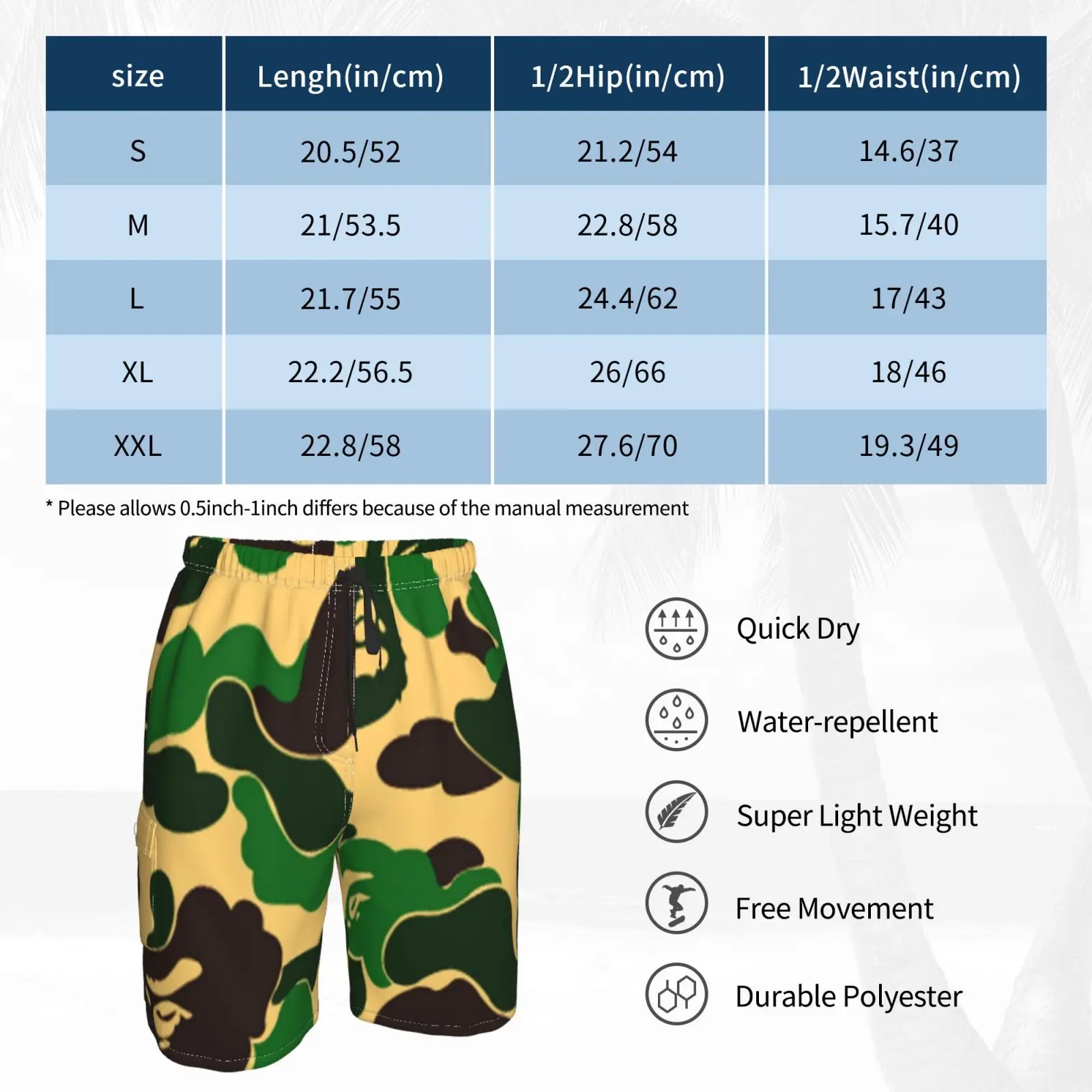 Пляжные шорты Армейский Зеленый Черный винтажный растительный животный