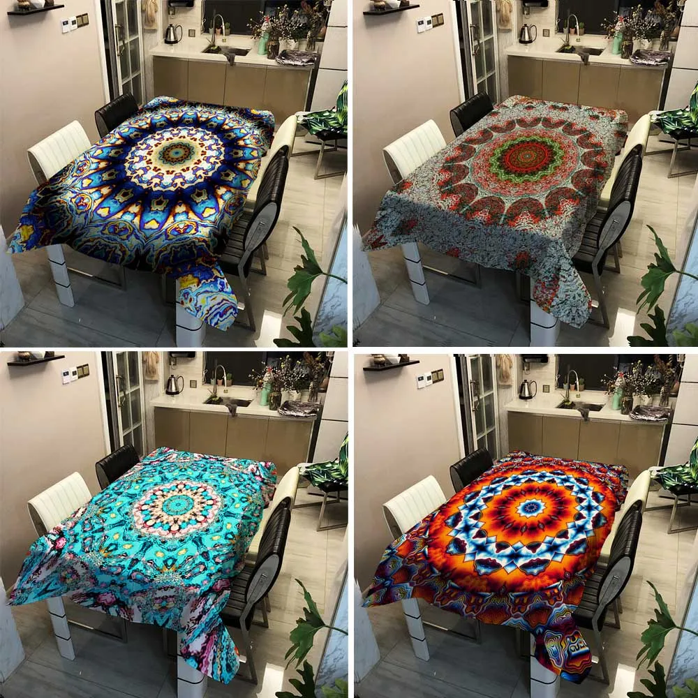 

С психоделической мандалой Водонепроницаемая прямоугольная скатерть из полиэстера для кухни, скатерть для пикника, покрывало для украшени...