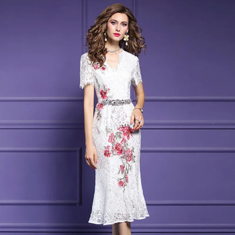 V-neck sex 2021 Lace trumpet dress women summer spring style celebrities medium length patchwork fishtail embroidered skirt plus