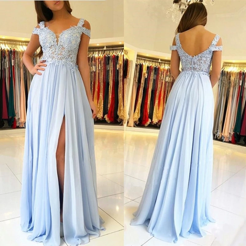 

2021 Long Side Split Sky Blue Bridesmaid Dresses Off Shoulder Lace Appliques Prom Party Gowns Wedding Guest Maid Of Honor Dress