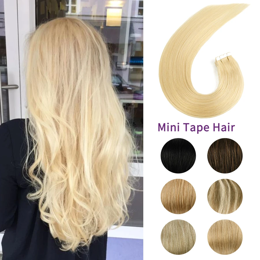 

MW Mini Tape In Human Hair Extensions Black Women 100% Real Brazilian Natural Straight Skin Weft Adhesive Hair Extension 12 Inch