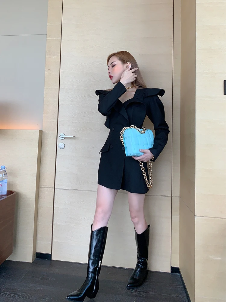 

Peach personality design black autumn dress 2020 new women's double breasted Ruffle suit dress