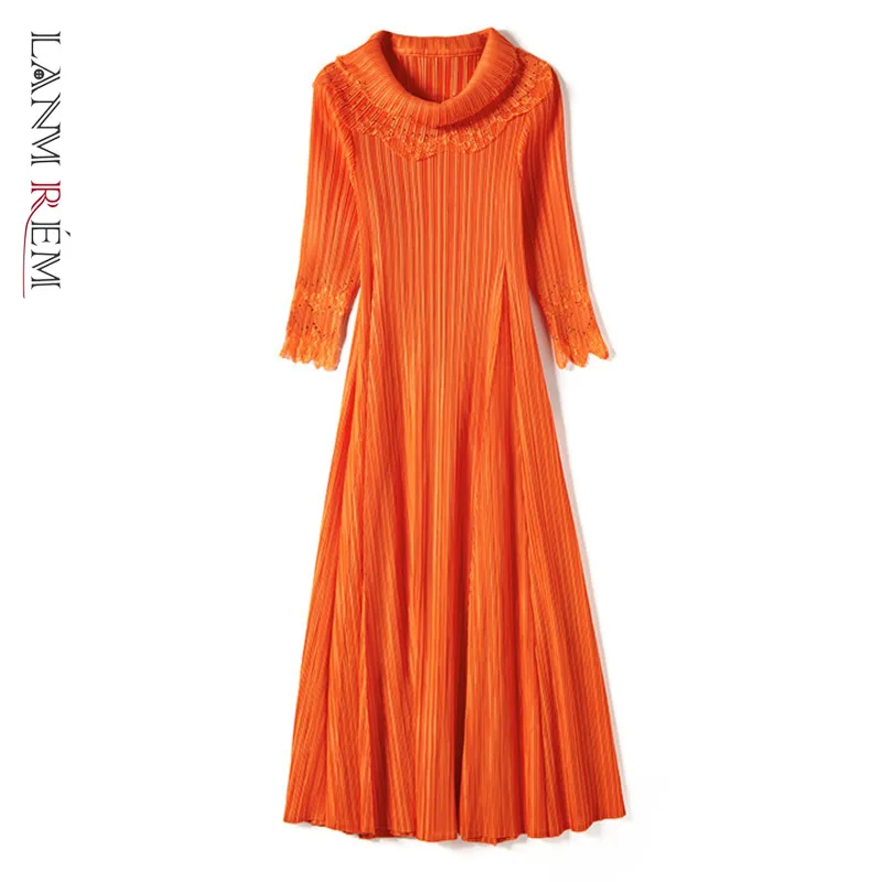 

LANMREM Lace Patchwork Dress For Women 2022 Spring A-line Medium Length Dresses Pleated Solid Color Dresses 2D3934