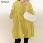 Модная женская офисная рубашка ZANZEA, осенняя блузка с длинными рукавами-фонариками и вырезами, элегантные блузы, однотонная свободная туника, топы, женская рубашка