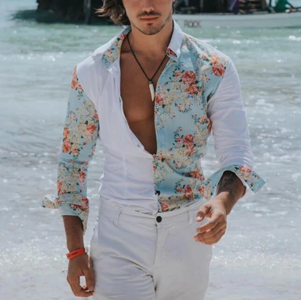 

Men's trendy clothing asymmetric printed long-sleeved Cardigan shirt fashion casual style top man streetwear