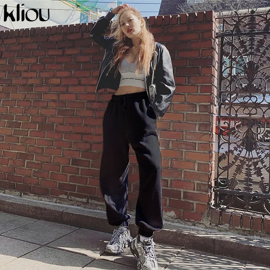 Kliou women's pants casual streetwear elastic waist drawstring cotton cargo pants autumn joggers pockets fashion trousers