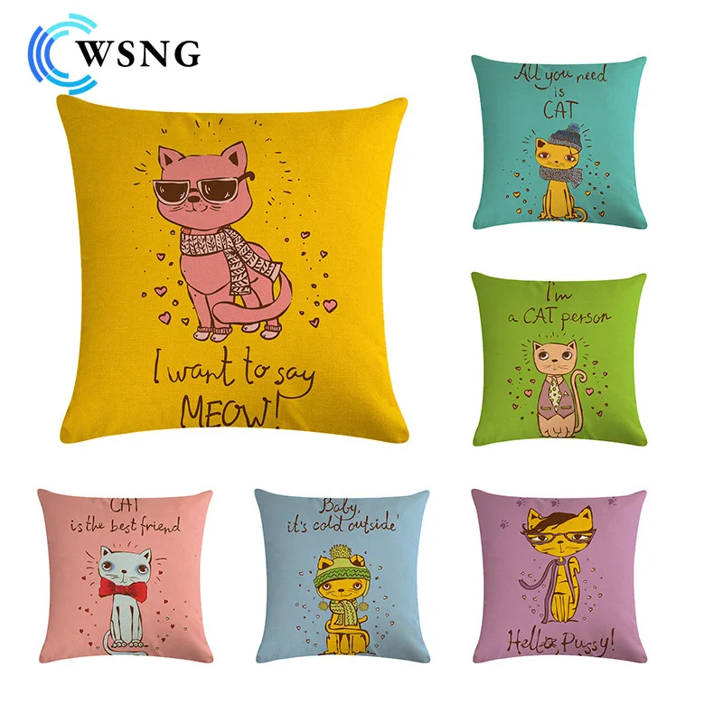 

Lovely Cartoon Animal Cat Pillowcase Printing Flax Cushion Cover Home Sofa Decoration Cushion Cover 45*45cm