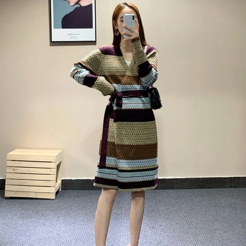 

Autumn Winter Elegant Stripe Mixed Color Womens Knitting Long Sleeve Lace Up Waist V-Neck Female Medium Length Dresses