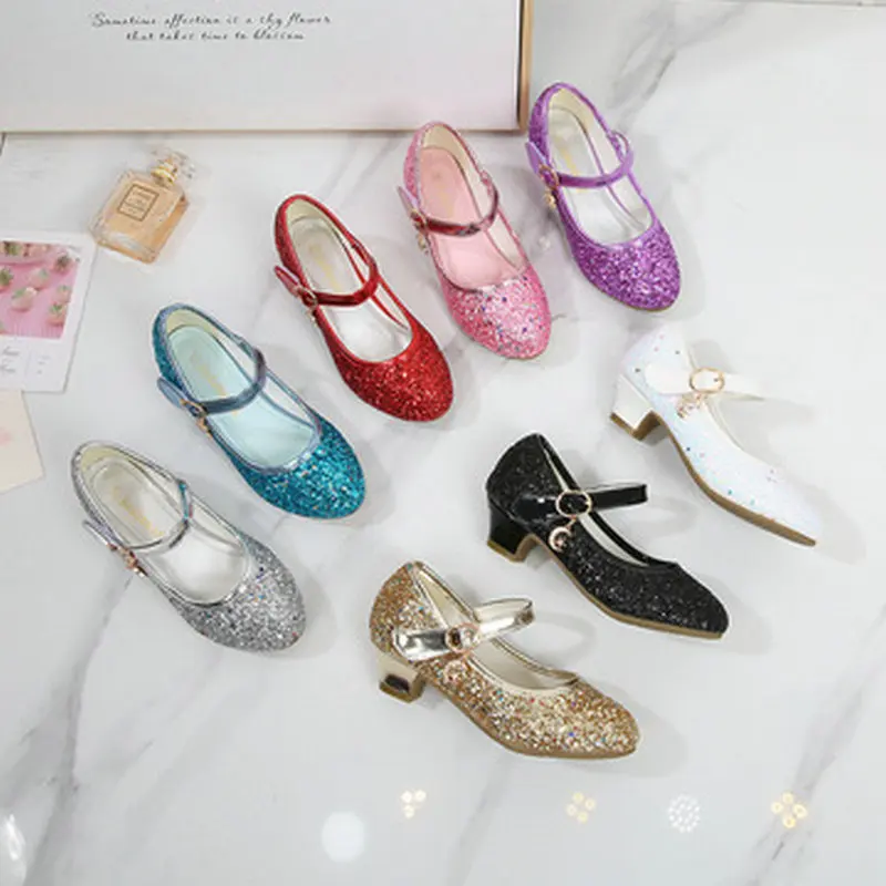 

2022 Summer Kids Girls Sequins Children Leathe Sandals Christmas Child High Heels Girls Princess Sandals Party Shoes 3-12 years