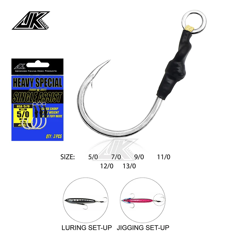 JK HSA 1/0-11/0 4X Heavy Duty High Carbon Steel Jigging Hooks Kevlar Assist Line Solid Ring Power Fishing Hook Saltwater