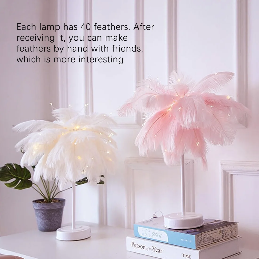 

Table Lamp Feather Night Light Remote Fairy Copper Lamp With Battery & USB for home lighting Bedroom Party Wedding Decorative