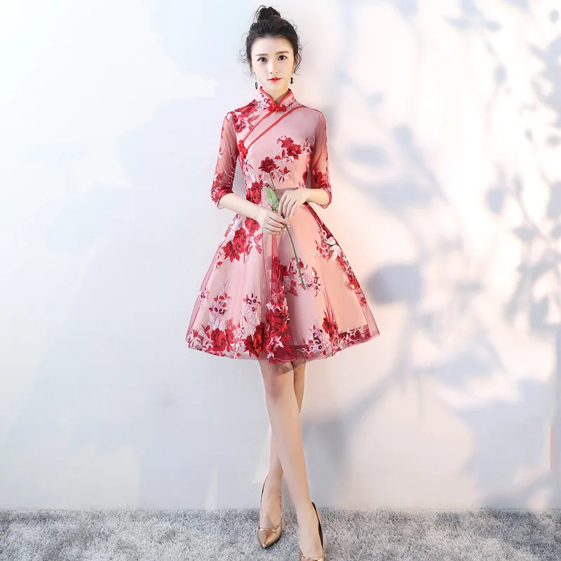

Hot Sale Handmade Button Qipao Embroidery Improved Cheongsam Wedding Party Dress Prom Gown Vestidos