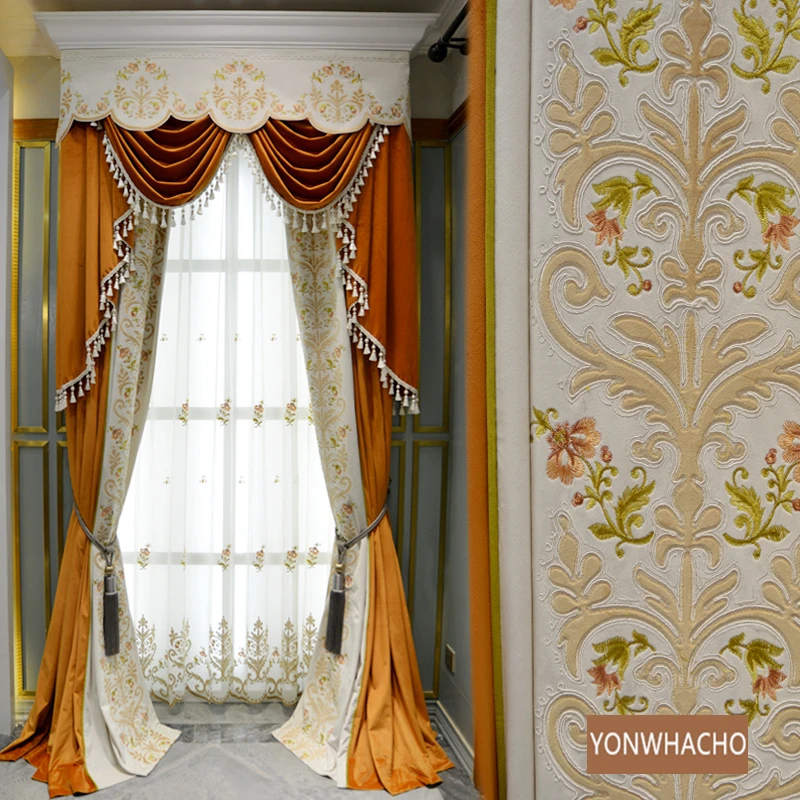 

Custom curtains luxury European villa high window thick velvet embroider yellow cloth blackout curtain tulle valance drape B882