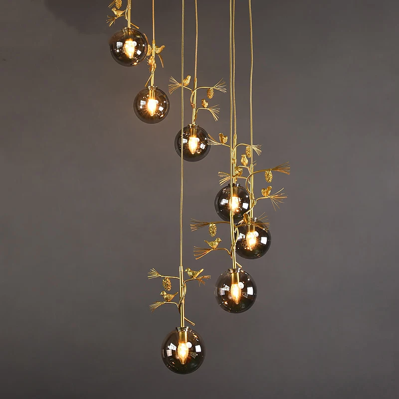 売る スパイラル階段ガラス玉のペンダントライト北欧の高級ゴールド鳥デコレーションランプ現代屋内led照明