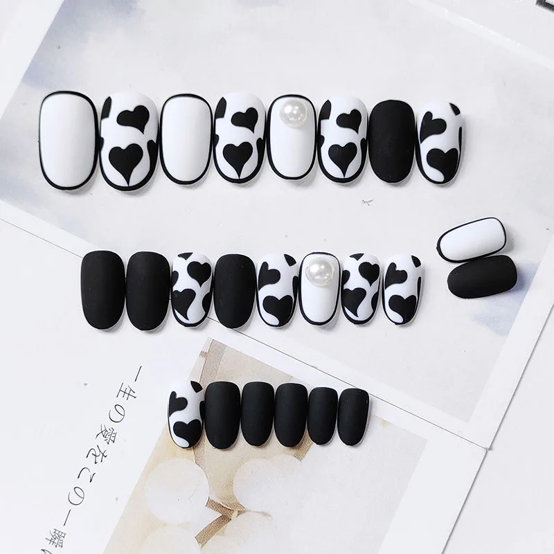 

24 шт., накладки для ногтей с рисунком коровы, тип клея, съемный элемент средней длины, Модный маникюр, Экономьте время, накладные накладки для...