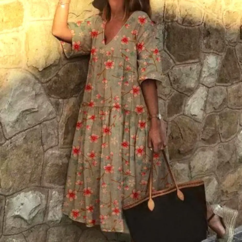 

60% Dropshipping!!Fashion women V-neck Boho Half Sleeve Floral Print Big Hem Beach Party Midi Dress