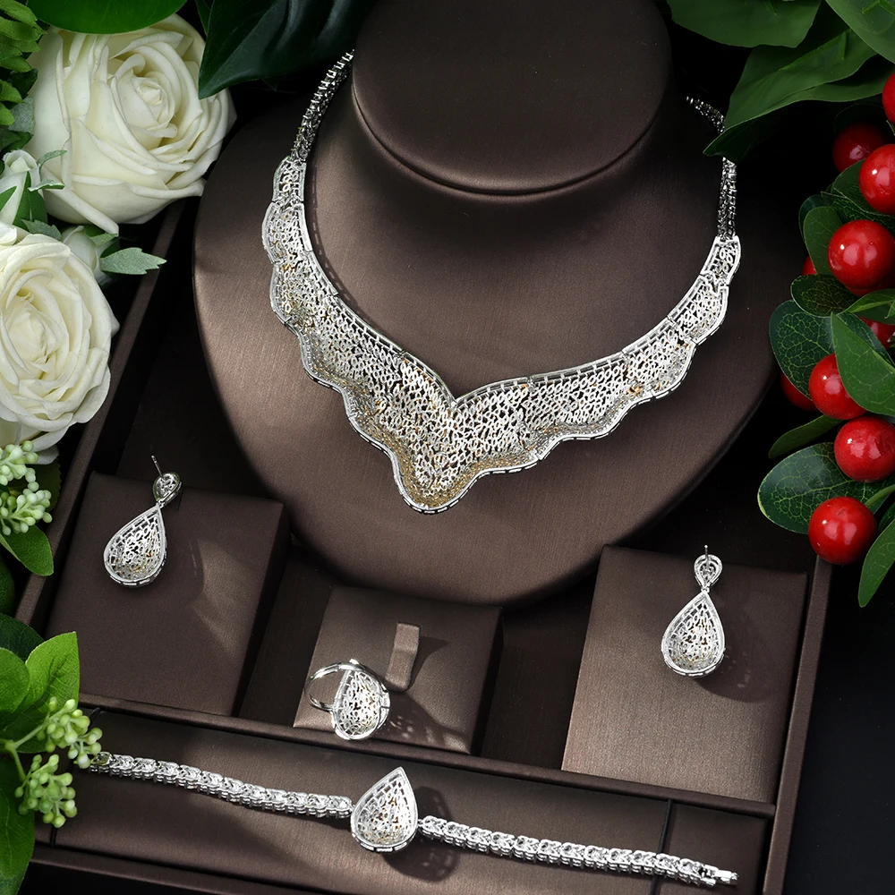 HIBRIDE роскошный двойной тон женский свадебный комплект ювелирных изделий из