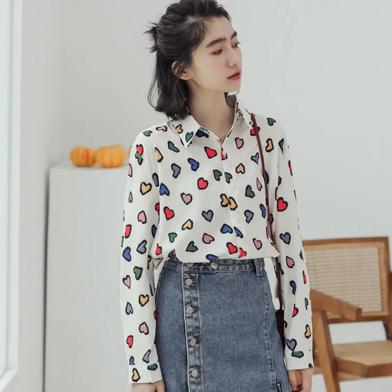 

Summer Heart Print Women Blouse Fashion Ladies Turun-down Collar Short /Long Sleeve Shirt