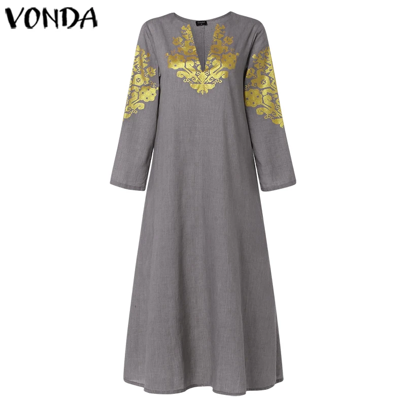 Длинное платье макси VONDA, женские винтажные повседневные свободные Сарафаны с принтом, женские сексуальные хлопковые вечерние платья с v-образным вырезом, большие размеры, женское платье