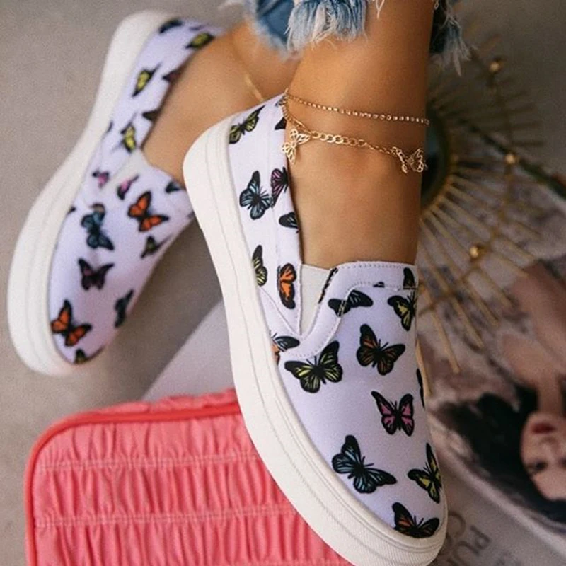 

2021 Autumn New Women's Flat Shoes Outdoor Single Shoes Fashion Butterfly Print Comfortable Plus Size 43