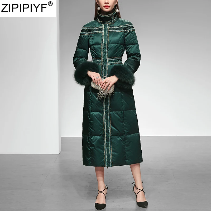Женский длинный пуховик с воротником стойкой зимнее пальто рукавом из лисьего