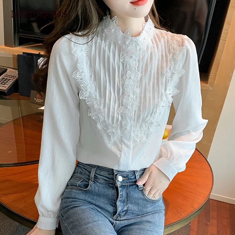

New Spring Ladies Shirt Lace Flower Stitching Women Shirt Blouse Fashion Puff Sleeve Tops Woman Elegant Clothes White Blusas