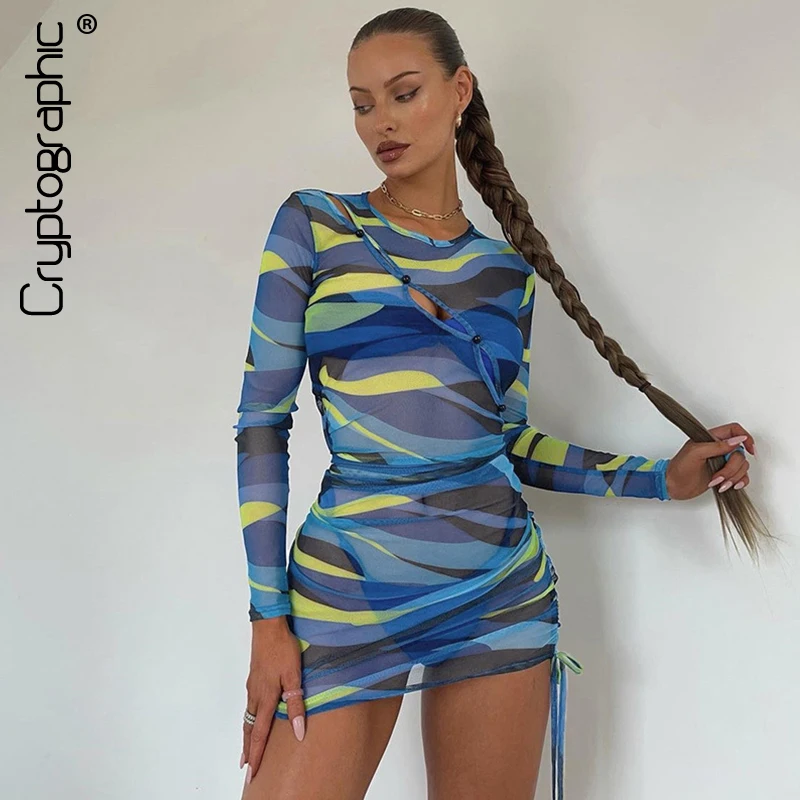 

Cryptographic 2021 Autumn Print Mesh See Through Mini Dress Outfits for Women Hollow Out Button Up Drawstring Ruched Dresses