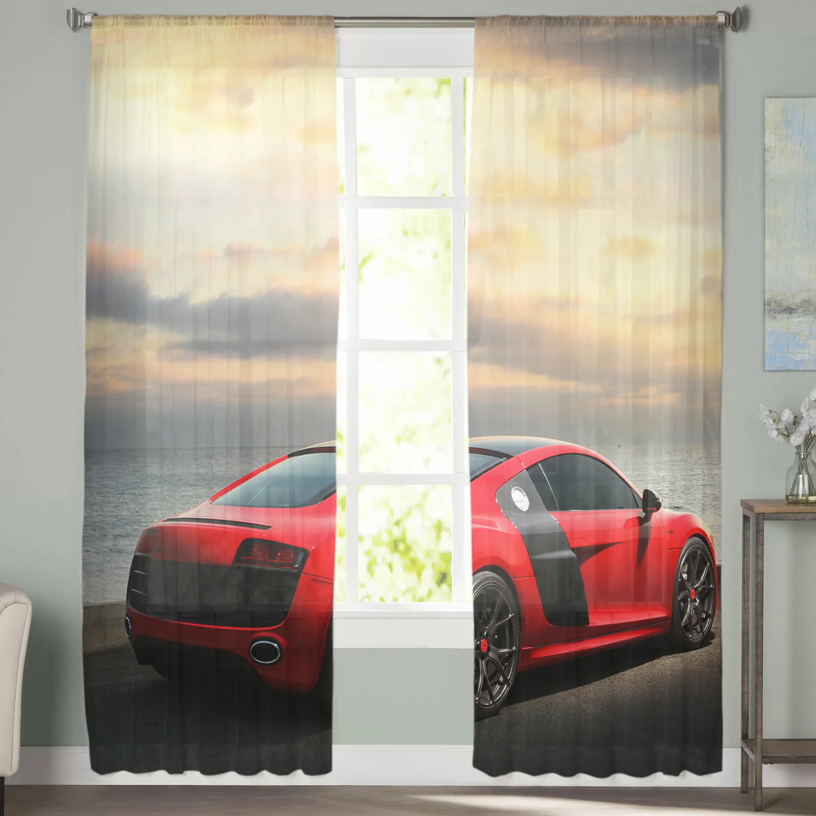 Красные гоночные автомобили занавески на окна с видом море современные
