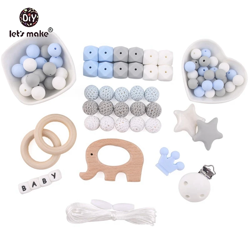 Let's make набор силиконовых Бусин DIY для мальчиков и девочек, ожерелье для прорезывания зубов, браслеты для медсестер, Детские Прорезыватели, вязаные бусинки из бука, деревянные животные