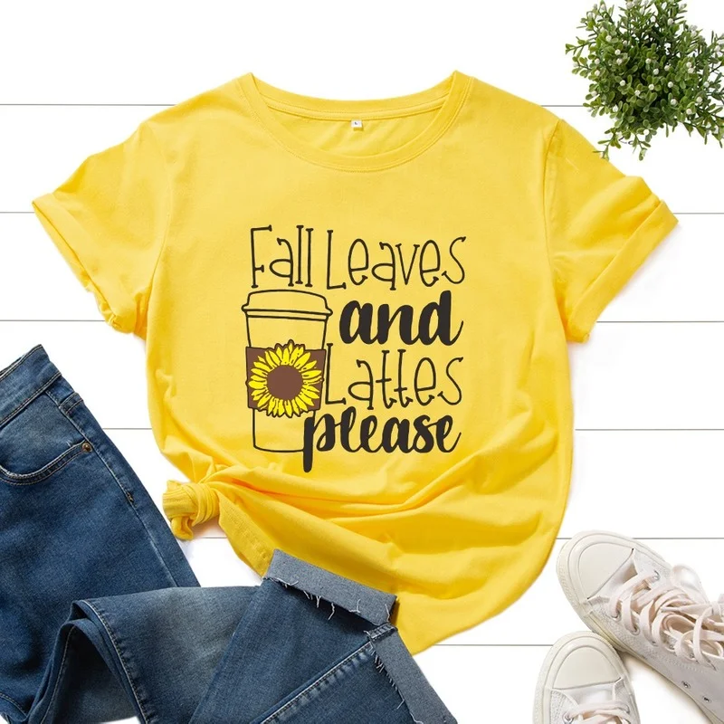 

Women Summer Short Sleeve T-shirt Letter Floral Coffee Print Female Graphic Fashion T Shirt Ladies Vintage Loose O-Neck Tee Tops