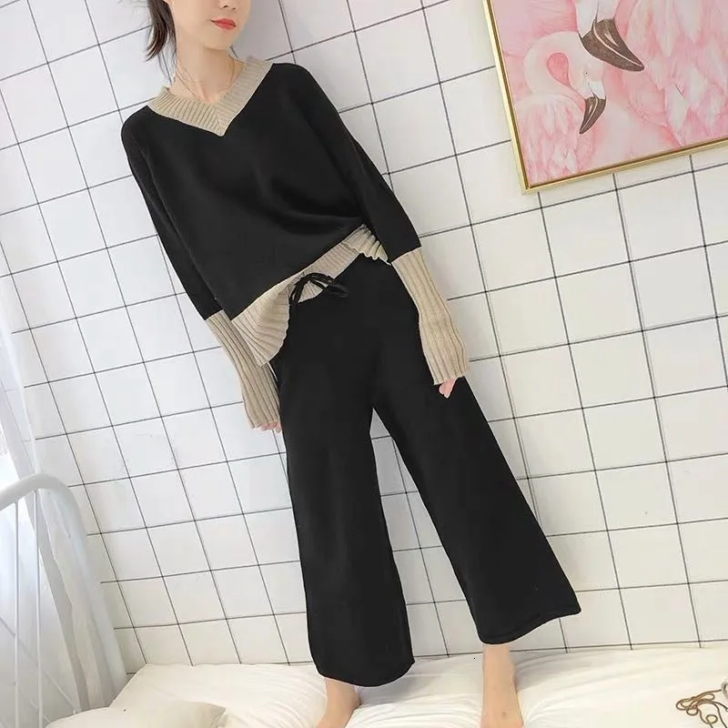 2019 Autumn And Winter Sports Suit New Sweater Women's V-neck Pullover Loose Two-piece Lace-up Pants | Женская одежда