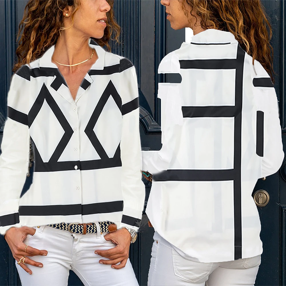 

Hot Selling European American Popular Spring Summer New Fashion Geometric Printed Shirt Tops Women's Clothing