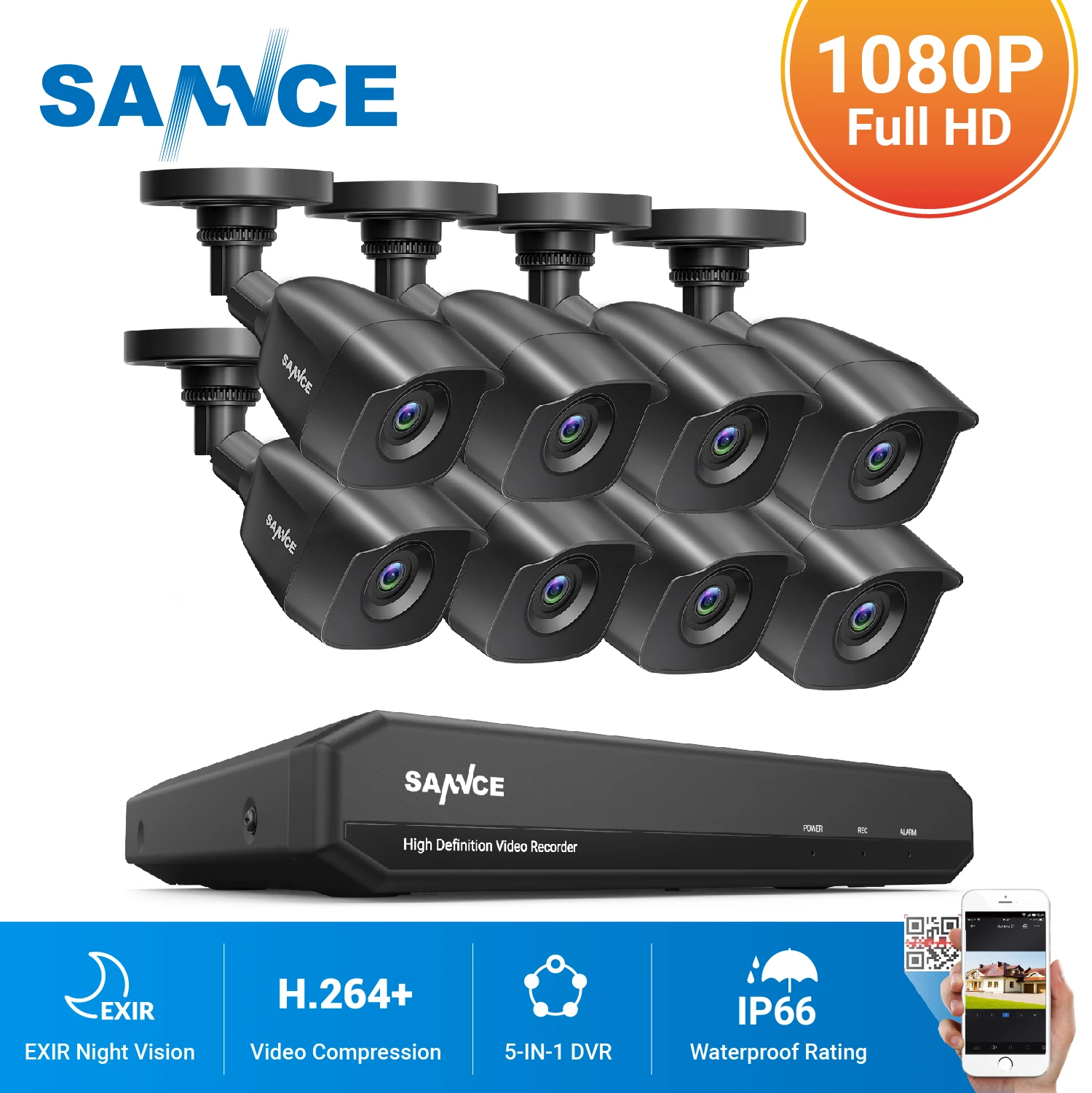 Фото SANNCE 8CH 1080P 2.0MP HD CCTV система видео рекордер 8 шт. камера безопасности