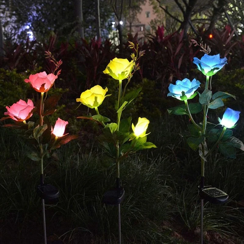 

3 Pcs Solar Lights Outdoor Rose Flower Lights LED Stake Lights for Garden Patio Back Yard Pathway Landscape Decoration