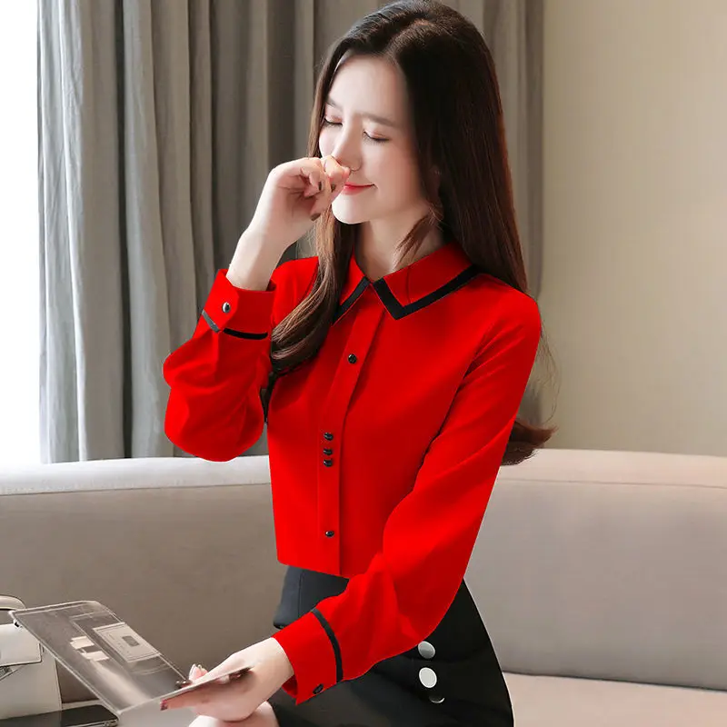 Women's Office Lady Chiffon Shirt Top Red Long Sleeve Female Blouse 2020 Summer Shirts Tops Plus Size Autumn Fashion Spring