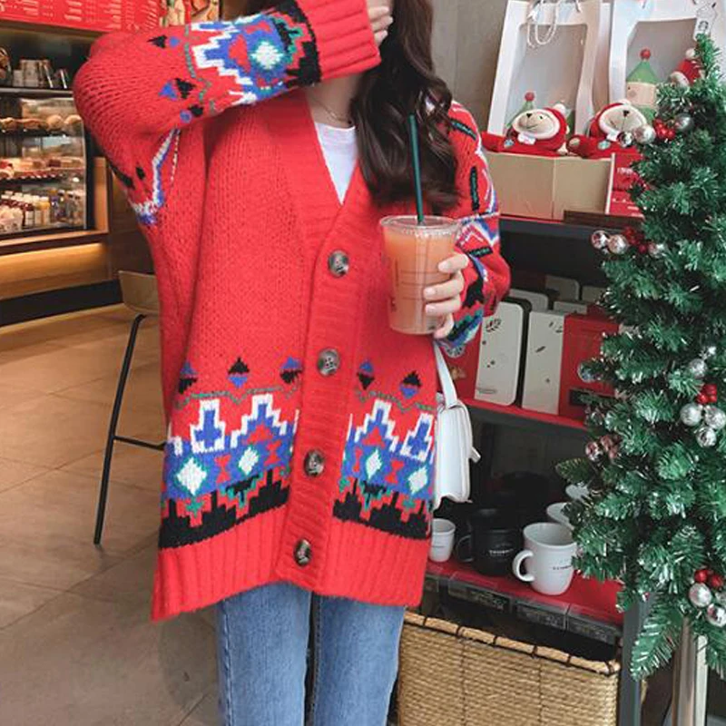Женский свитер в этническом стиле Hirsionsan Свободный Вязаный Кардиган большого