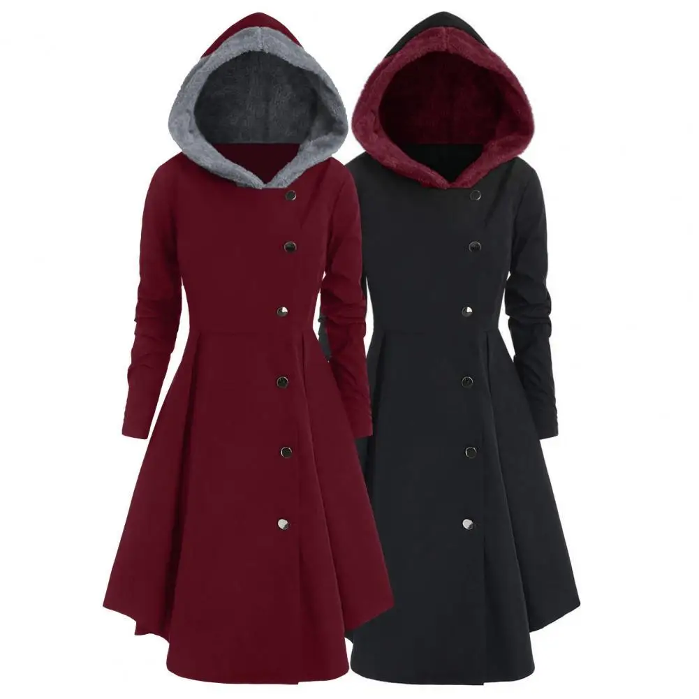 

Patchwork Hooded Autumn Winter Women Long Coats Snap Button Fur Trim Hooded High Low Female Coat Gothic Casual Lady Outwear Tops
