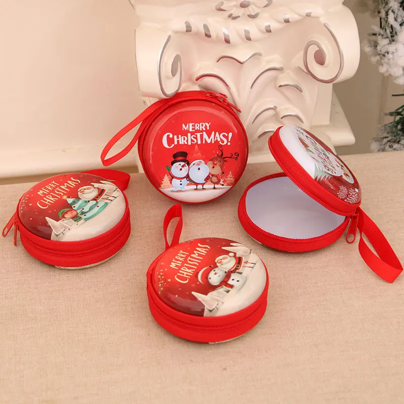 

5PS Christmas Coin Purse Kids Gift Portable Storage Money With Zipper Cloure Pouch Tinplate Bag Pocket Round Shape Supplier