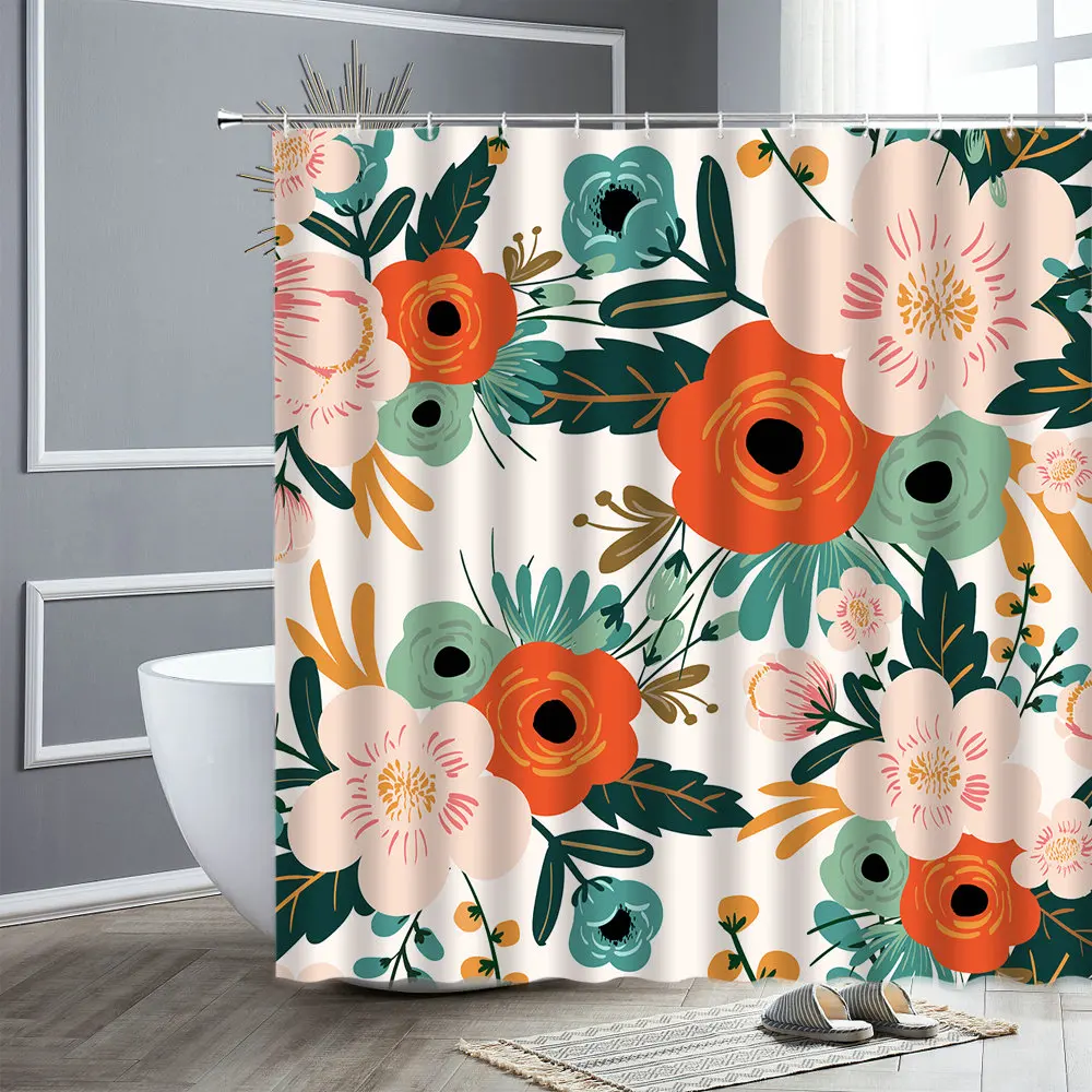 

Colorful Floral Shower Curtain Set Rose Lily Butterfly Green Leaf Flowers Bathroom Curtains Waterproof Fabric Home Decor Screen